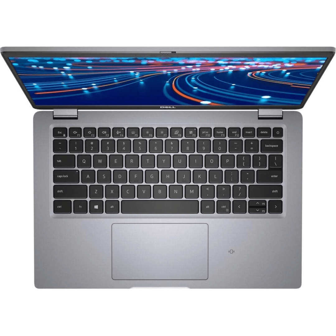 Overhead view of an opened Dell Latitude 5420 laptop, with view of the keyboard and trackpad.