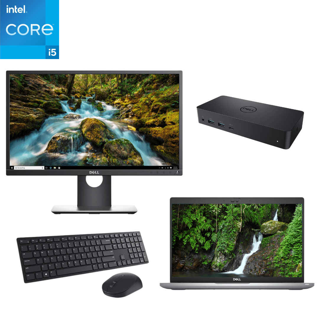 Image of the Dell Latitude 5420 i5 Bundle, that comes with P2217H monitor, D6000 docking station and a Dell KM5221 Wireless Keyboard/Mouse. 