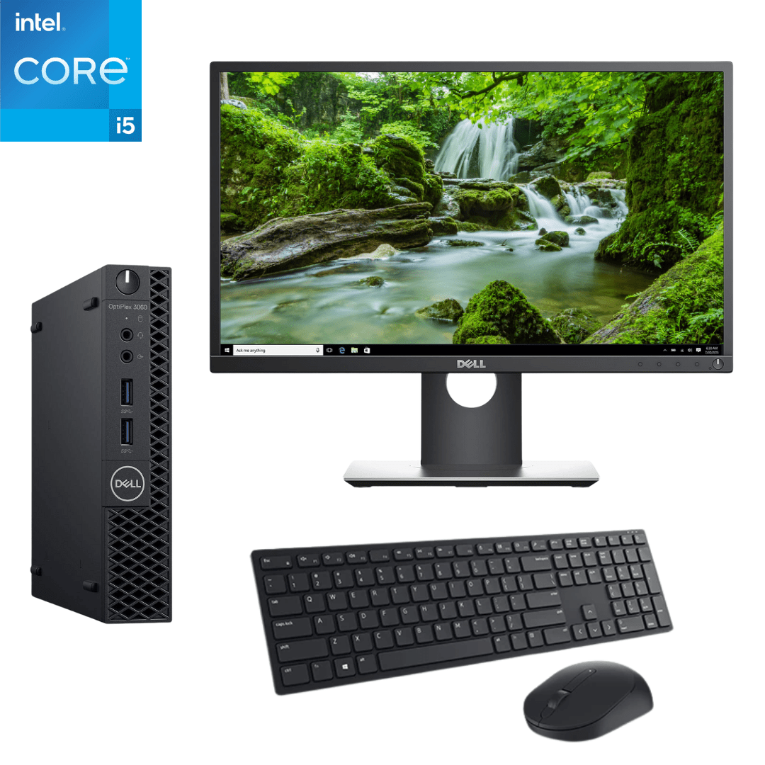 Image of the Dell OptiPlex 3060 Micro i5 Desktop Bundle, that comes with P2217H monitor and a Dell KM5221 Wireless Keyboard/Mouse. 