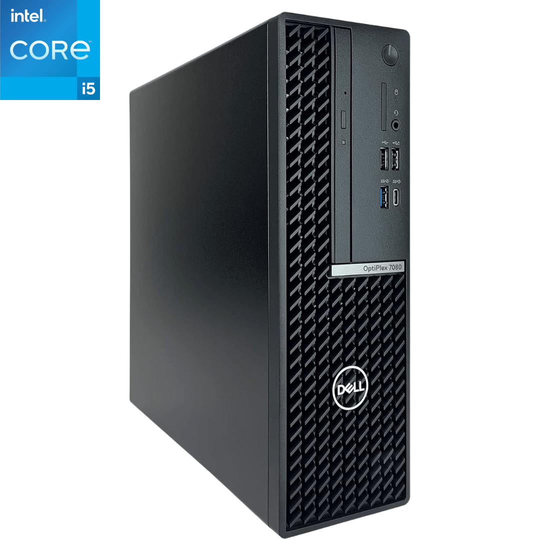 Main front facing view of an upright Dell OptiPlex 7080 Small Form Factor i5 Desktop.