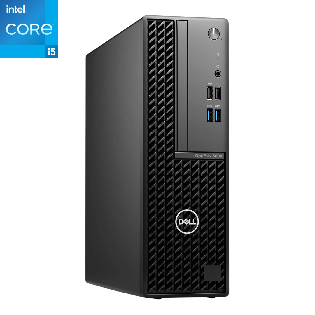 Front- facing view of a Dell OptiPlex 3000 i5 Small Form Factor Desktop.