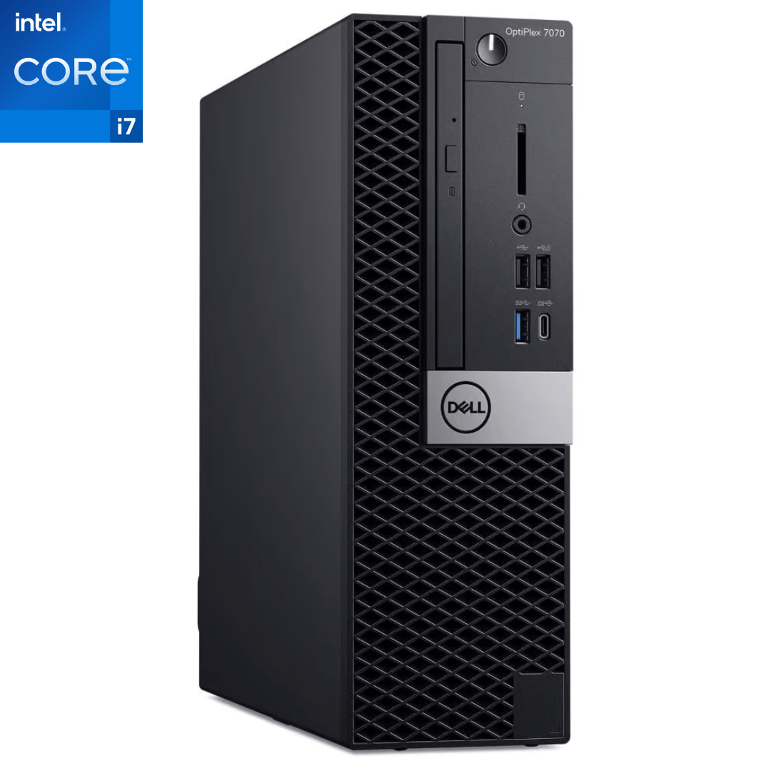 Front facing view of an upright Dell OptiPlex 7070 Small Form Factor Desktop. 