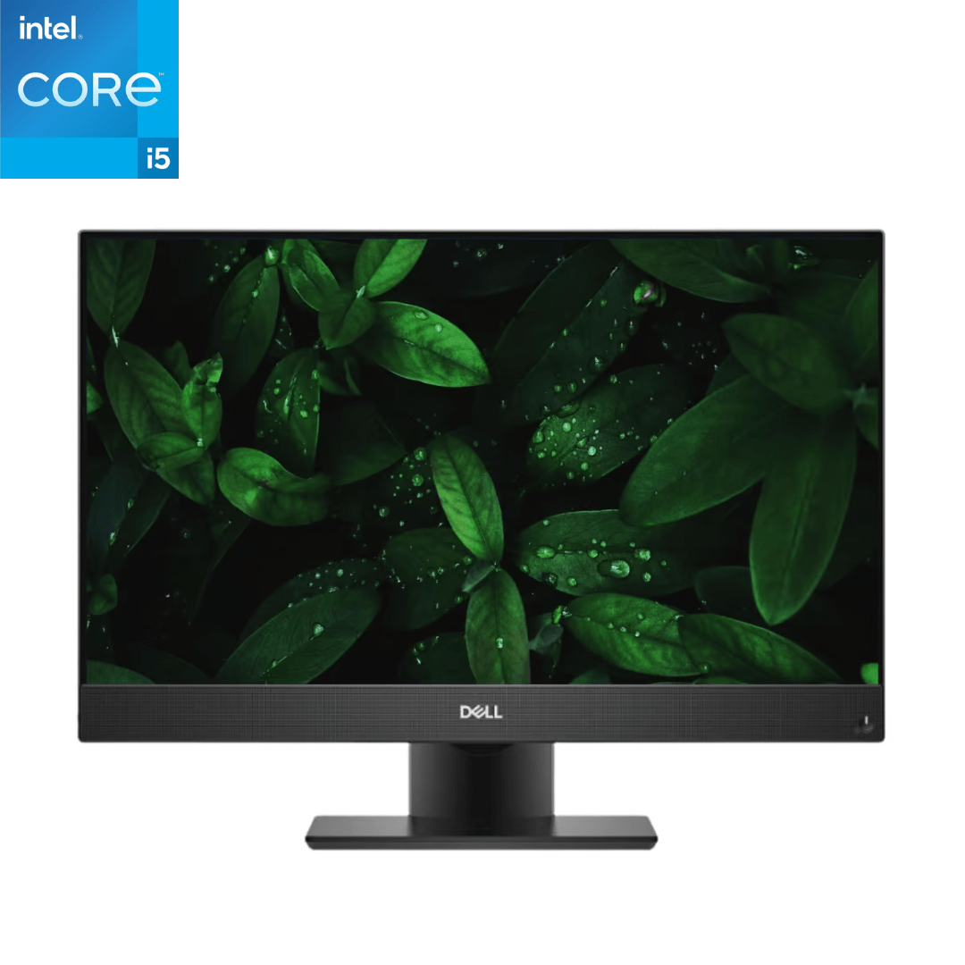 Front-facing view of an upright Dell OptiPlex 7460 All in One Computer, with the screen depicting a desktop background and the Start menu opened.