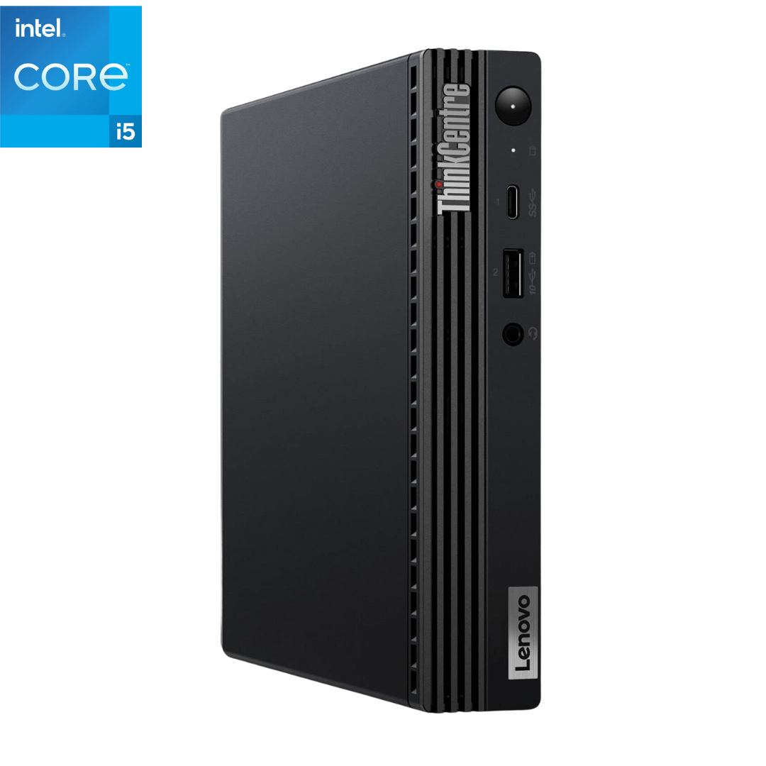 This is the main image for a listing showing an upright Lenovo ThinkCentre M70q G1 i5 Tiny desktop from CTI  Electronics.
