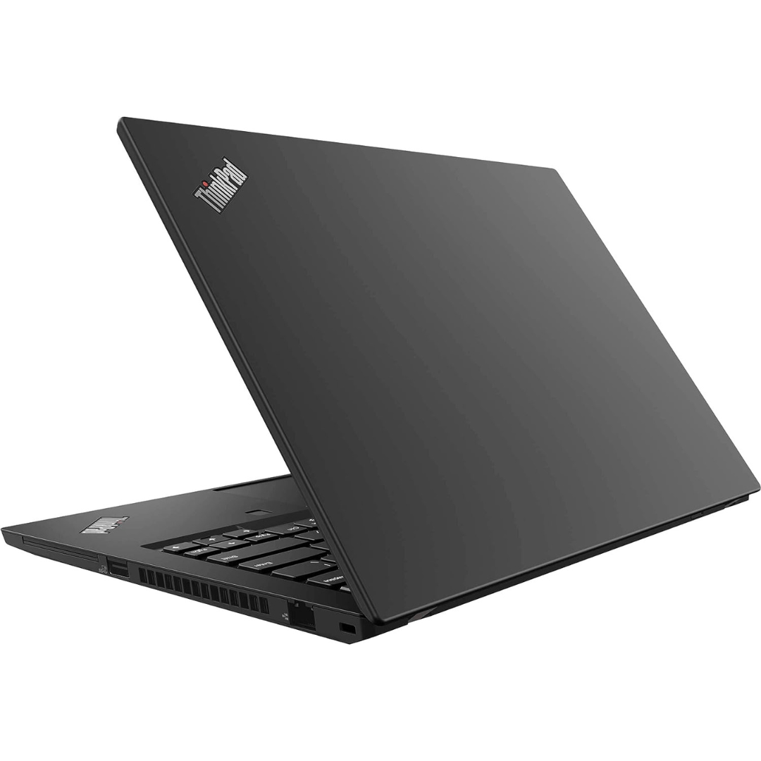 Rear-right angled Image of an opened Lenovo ThinkPad T14 G2 Laptop, with ThinkPad logo on laptop lid visible.